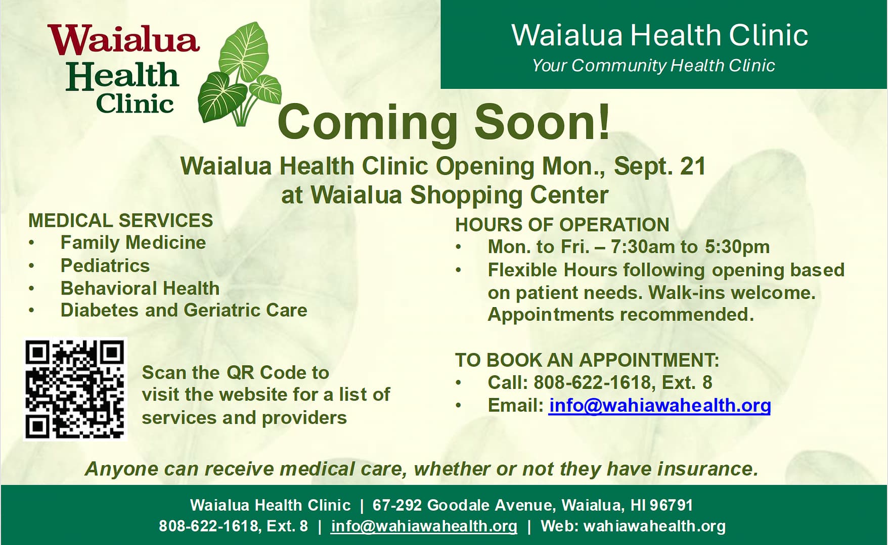 Flyer advertising Wahiawa Health's Mobile Bus Clinic's Extending Dates and Moving to New Location Next to the Waialua Gym