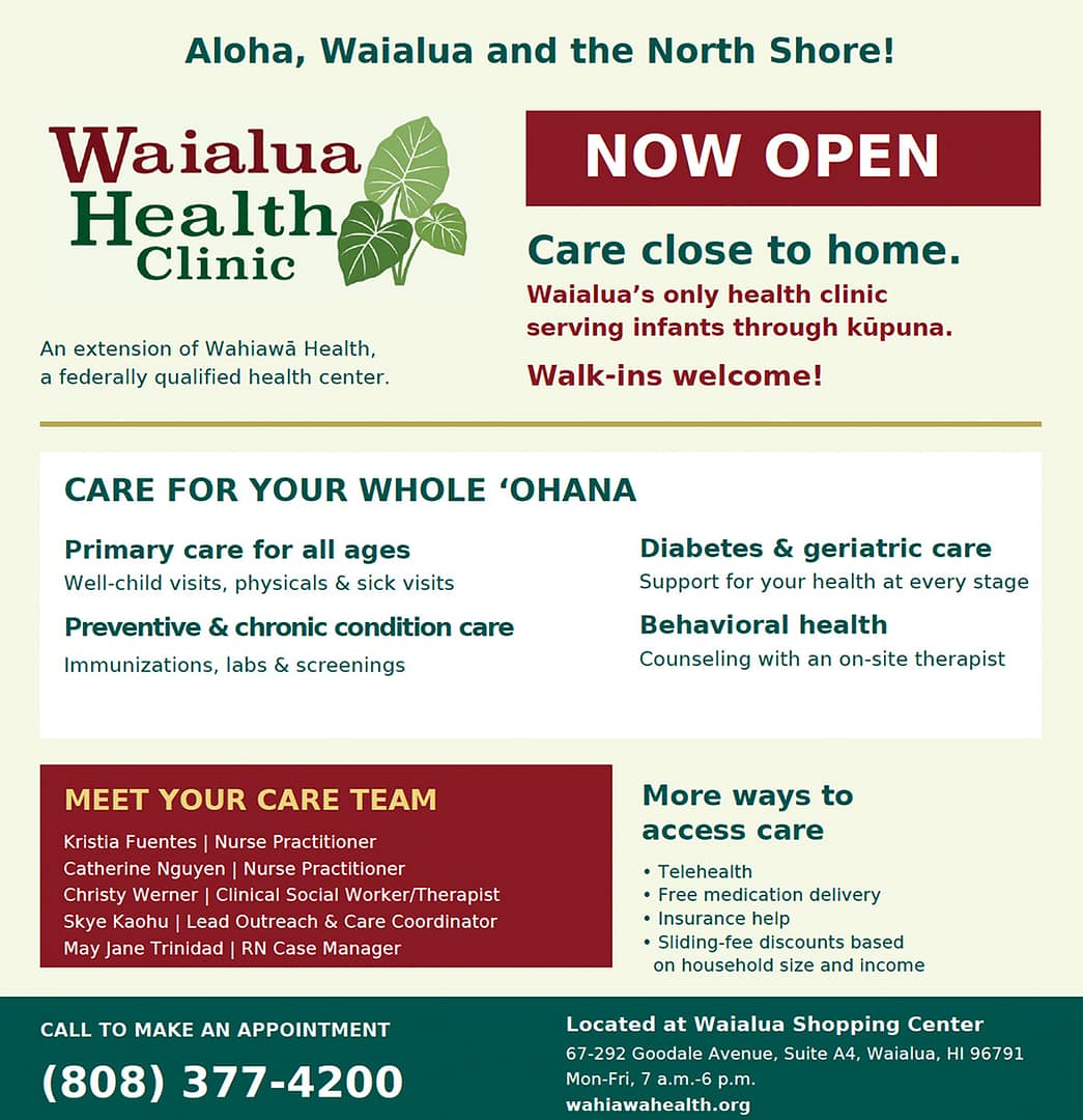 Flyer advertising Wahiawa Health's Mobile Bus Clinic's Extending Dates and Moving to New Location Next to the Waialua Gym