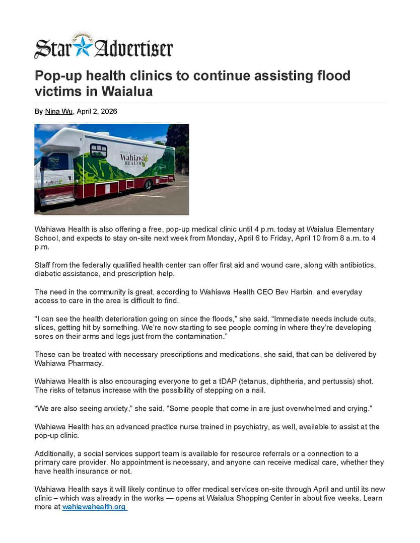 Image of Star Advertiser article with headline "Pop-up health clinics to continue assisting flood victims in Waialua"